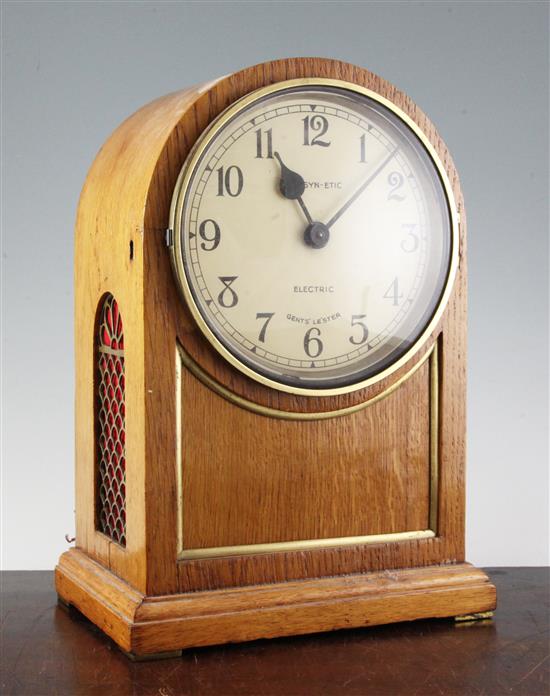 An early 20th century oak cased PUL-SYN-ETIC electric pendulum type impulse master clock and similar slave mantel timepiece, 4ft 4.5in.